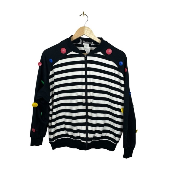 VINTAGE Peter Popovich Funky Striped Rainbow Button Full Zip Sweatshirt Size M - Picture 1 of 10